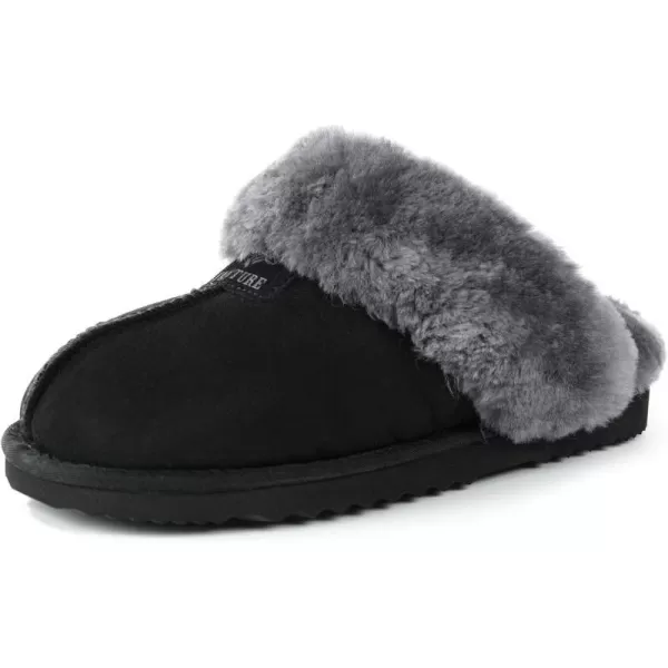 FANTURE Genuine Sheepskin Women Slippers Memory Foam Fluffy slippers Indoor Outdoor House Shoes with Warm Lining901blackgrey