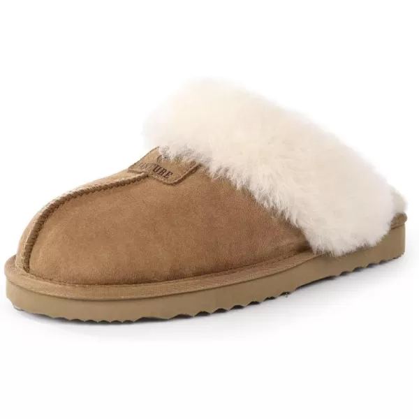 FANTURE Genuine Sheepskin Women Slippers Memory Foam Fluffy slippers Indoor Outdoor House Shoes with Warm Lining901chestnut