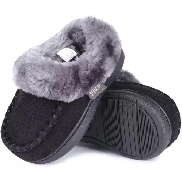 FANTURE Toddler Kids House Shoes Slippers with Memory Foam Fuzzy and Warm Cozy Comfort Fleece Clog Slip On Sole Protection for Boys Girls Indoor OutdoorFurblack