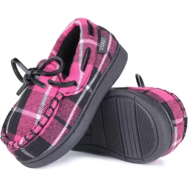 FANTURE Toddler Kids House Shoes Slippers with Memory Foam Fuzzy and Warm Cozy Comfort Fleece Clog Slip On Sole Protection for Boys Girls Indoor OutdoorFuchsia Plaid