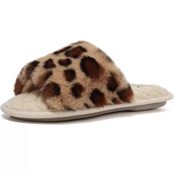 FANTURE Womens Furry Faux Fur Slippers Cozy Memory Foam House Slippers Soft Comfy Flat Slide Sandals Indoor Outdoor1leopard