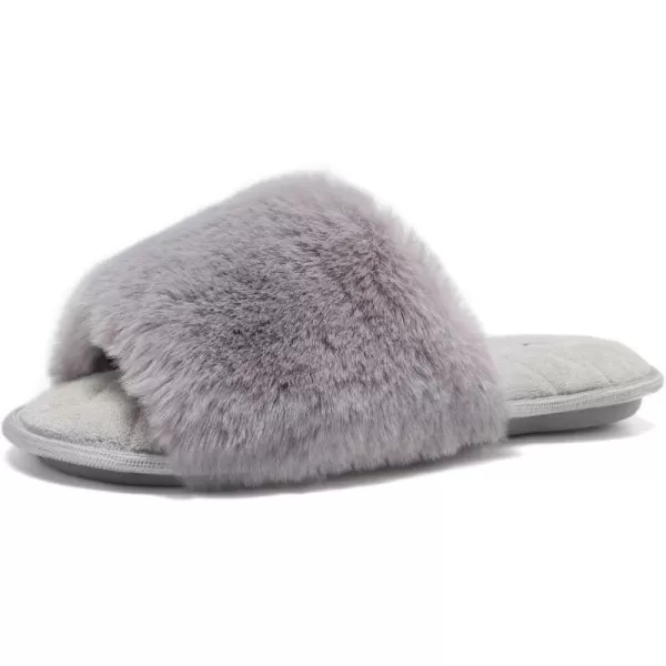 FANTURE Womens Furry Faux Fur Slippers Cozy Memory Foam House Slippers Soft Comfy Flat Slide Sandals Indoor Outdoor1light Gray