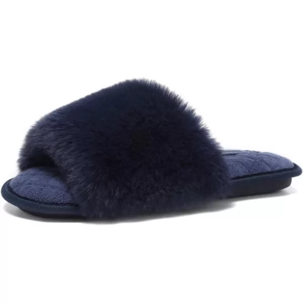 FANTURE Womens Furry Faux Fur Slippers Cozy Memory Foam House Slippers Soft Comfy Flat Slide Sandals Indoor Outdoor1navy Blue