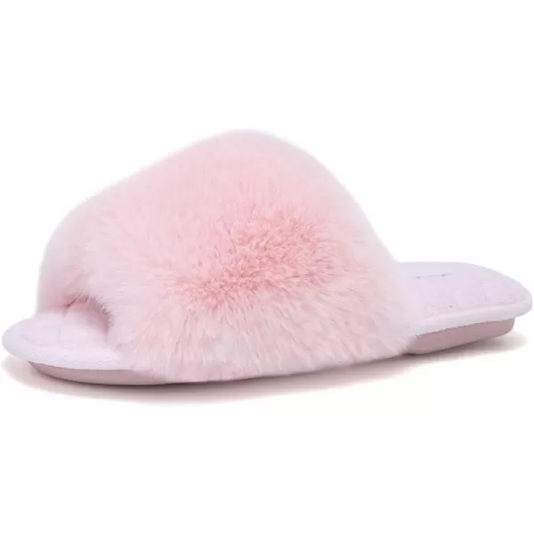 FANTURE Womens Furry Faux Fur Slippers Cozy Memory Foam House Slippers Soft Comfy Flat Slide Sandals Indoor Outdoor1pink