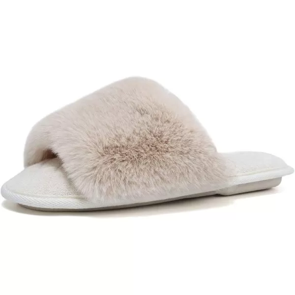 FANTURE Womens Furry Faux Fur Slippers Cozy Memory Foam House Slippers Soft Comfy Flat Slide Sandals Indoor Outdoor2beige