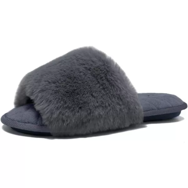 FANTURE Womens Furry Faux Fur Slippers Cozy Memory Foam House Slippers Soft Comfy Flat Slide Sandals Indoor Outdoor2gray