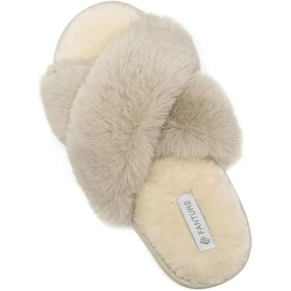 FANTURE Womens Furry Faux Fur Slippers Cozy Memory Foam House Slippers Soft Comfy Flat Slide Sandals Indoor Outdoor6beige