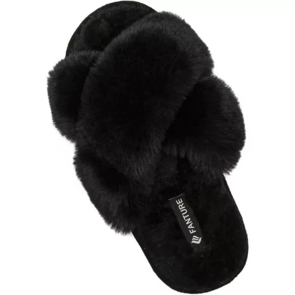 FANTURE Womens Furry Faux Fur Slippers Cozy Memory Foam House Slippers Soft Comfy Flat Slide Sandals Indoor Outdoor6black