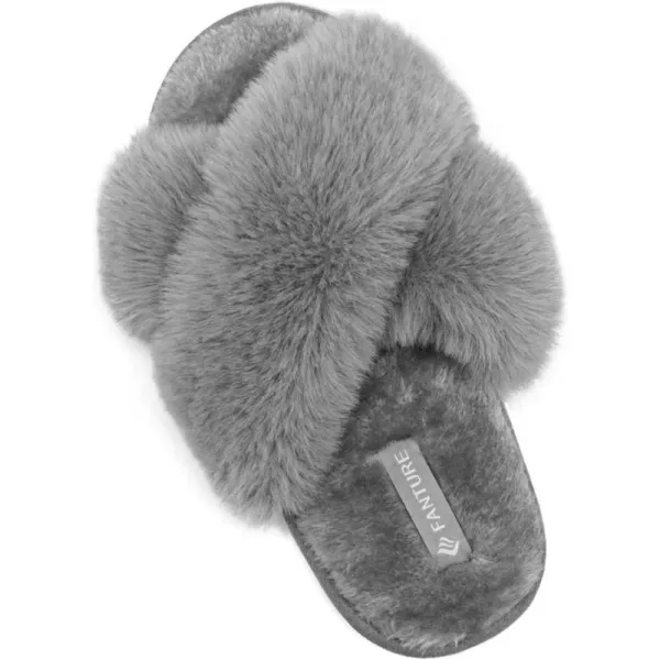 FANTURE Womens Furry Faux Fur Slippers Cozy Memory Foam House Slippers Soft Comfy Flat Slide Sandals Indoor Outdoor6light Gray