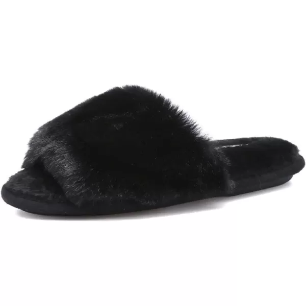 FANTURE Womens Furry Faux Fur Slippers Cozy Memory Foam House Slippers Soft Comfy Flat Slide Sandals Indoor Outdoor7black