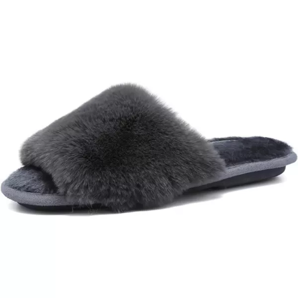 FANTURE Womens Furry Faux Fur Slippers Cozy Memory Foam House Slippers Soft Comfy Flat Slide Sandals Indoor Outdoor7dark Gray