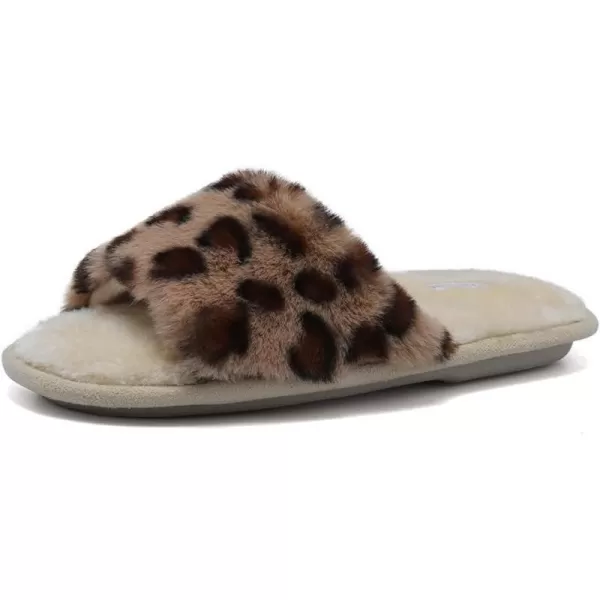 FANTURE Womens Furry Faux Fur Slippers Cozy Memory Foam House Slippers Soft Comfy Flat Slide Sandals Indoor Outdoor7leopard