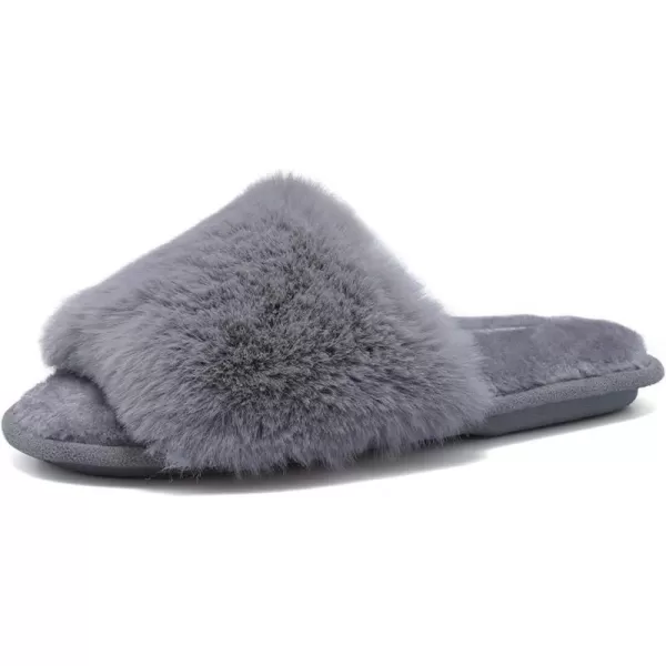 FANTURE Womens Furry Faux Fur Slippers Cozy Memory Foam House Slippers Soft Comfy Flat Slide Sandals Indoor Outdoor7light Gray