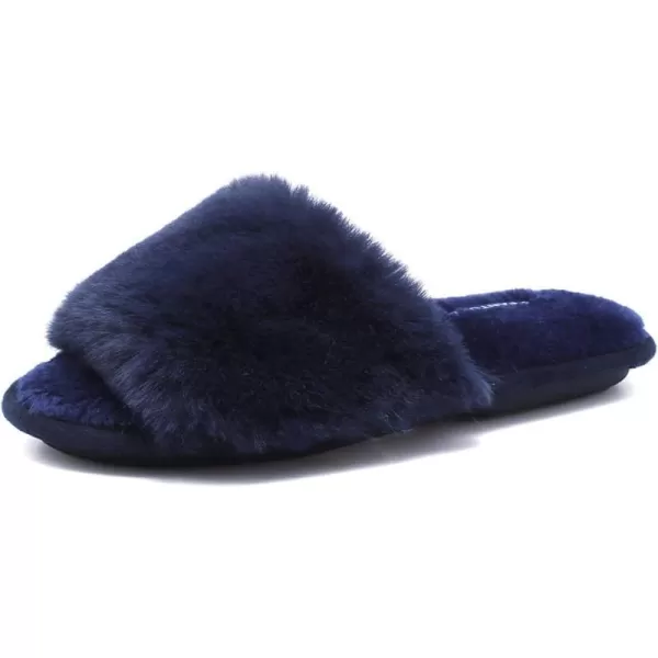 FANTURE Womens Furry Faux Fur Slippers Cozy Memory Foam House Slippers Soft Comfy Flat Slide Sandals Indoor Outdoor7navy Blue