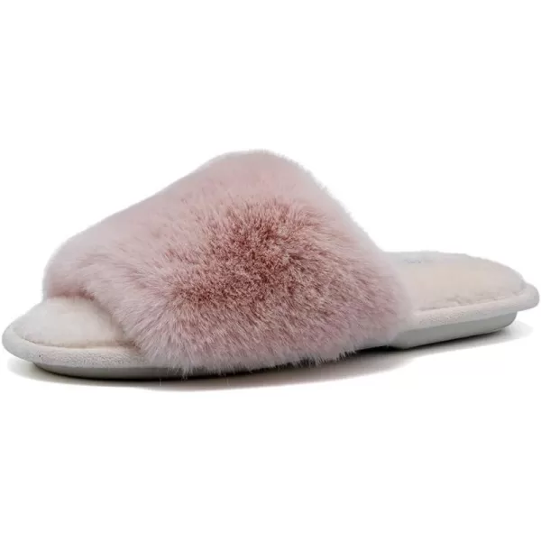 FANTURE Womens Furry Faux Fur Slippers Cozy Memory Foam House Slippers Soft Comfy Flat Slide Sandals Indoor Outdoor7pink