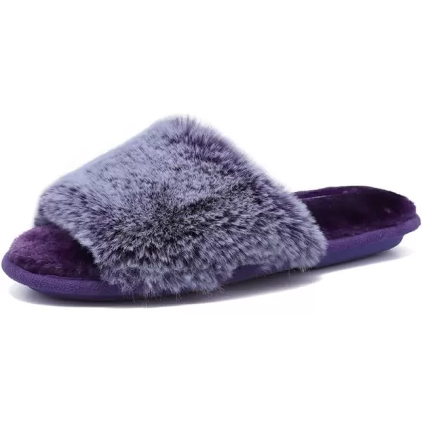 FANTURE Womens Furry Faux Fur Slippers Cozy Memory Foam House Slippers Soft Comfy Flat Slide Sandals Indoor Outdoor7violet