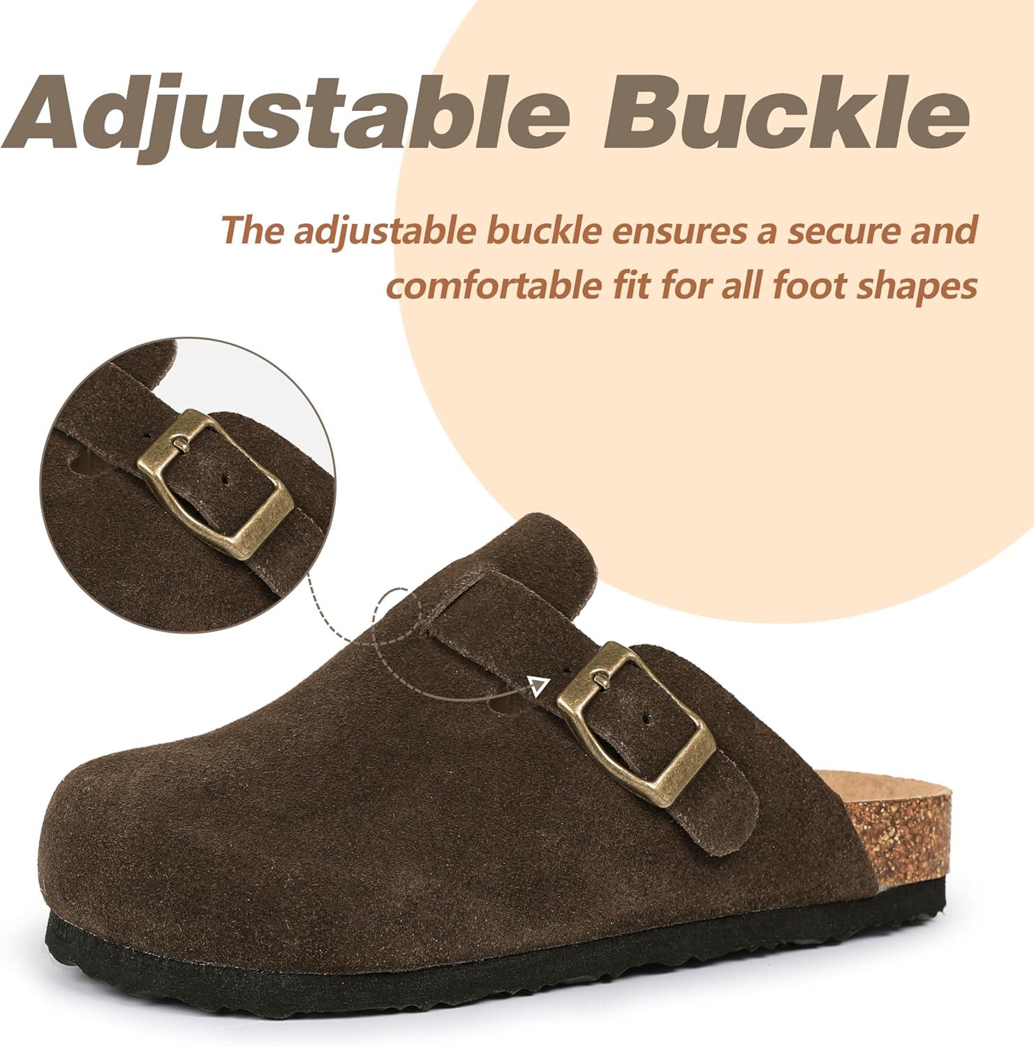 imageFANTURE Kids Genuine Suede Clogs with Cork Footbed  Adjustable Buckle Leather Sandals for Boys Girls Slip On Mules for Indoor ampamp Outdoor1032coffee