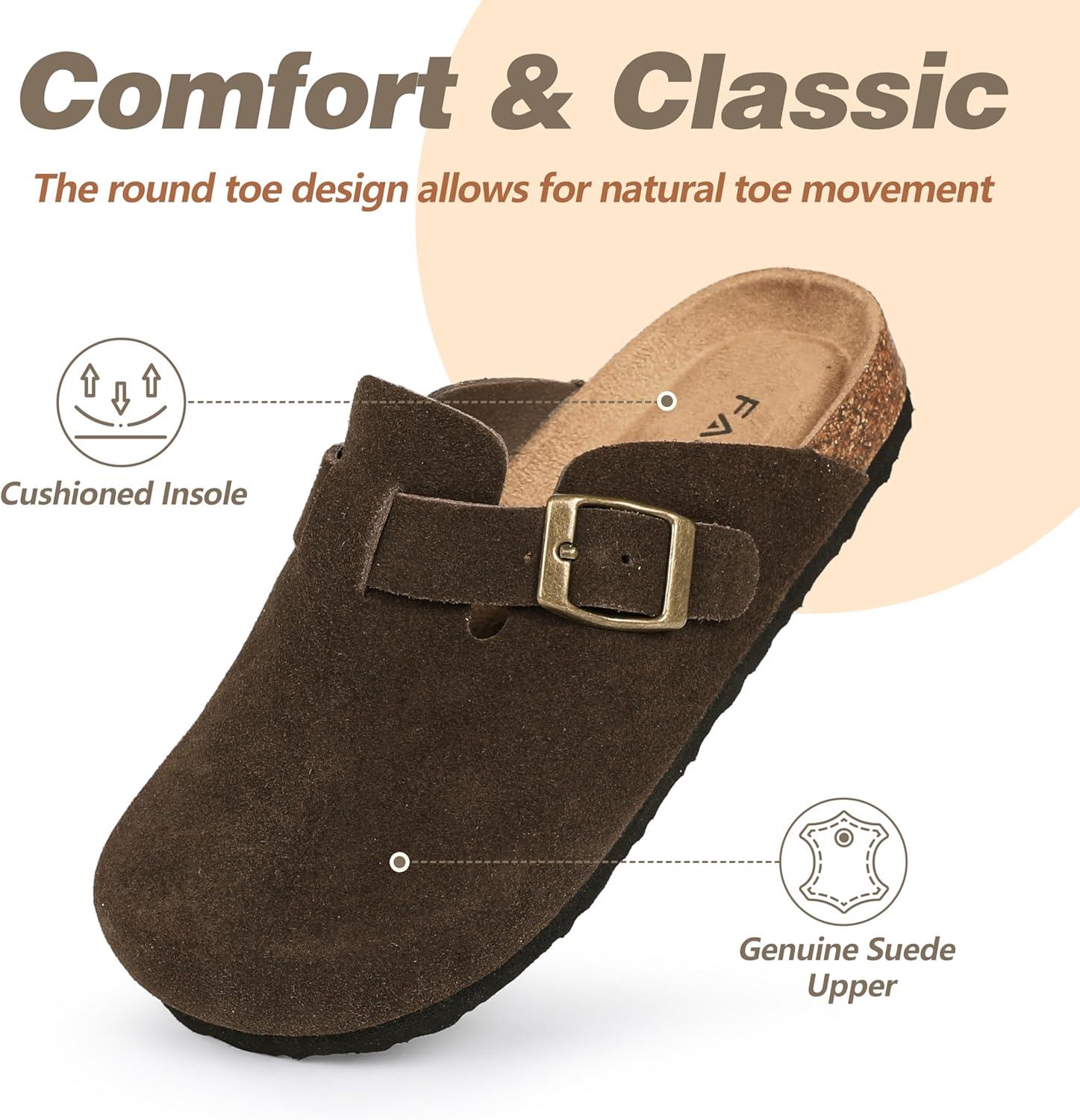 imageFANTURE Kids Genuine Suede Clogs with Cork Footbed  Adjustable Buckle Leather Sandals for Boys Girls Slip On Mules for Indoor ampamp Outdoor1032coffee