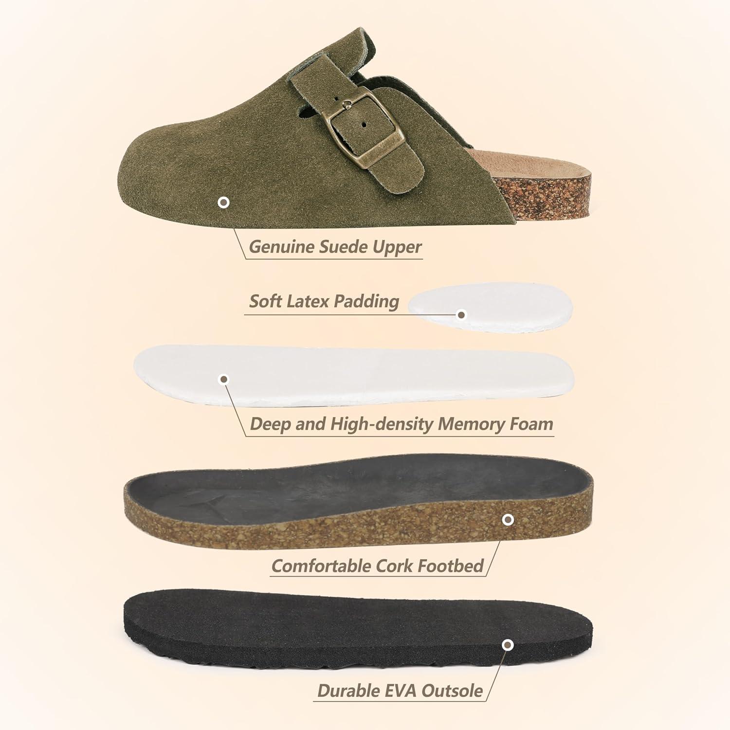 imageFANTURE Kids Genuine Suede Clogs with Cork Footbed  Adjustable Buckle Leather Sandals for Boys Girls Slip On Mules for Indoor ampamp Outdoor1032green