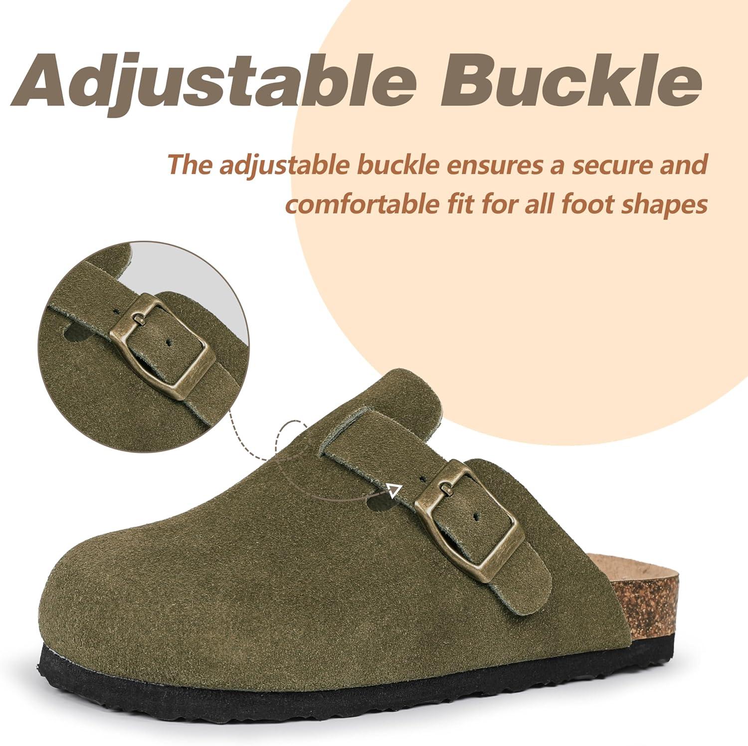imageFANTURE Kids Genuine Suede Clogs with Cork Footbed  Adjustable Buckle Leather Sandals for Boys Girls Slip On Mules for Indoor ampamp Outdoor1032green