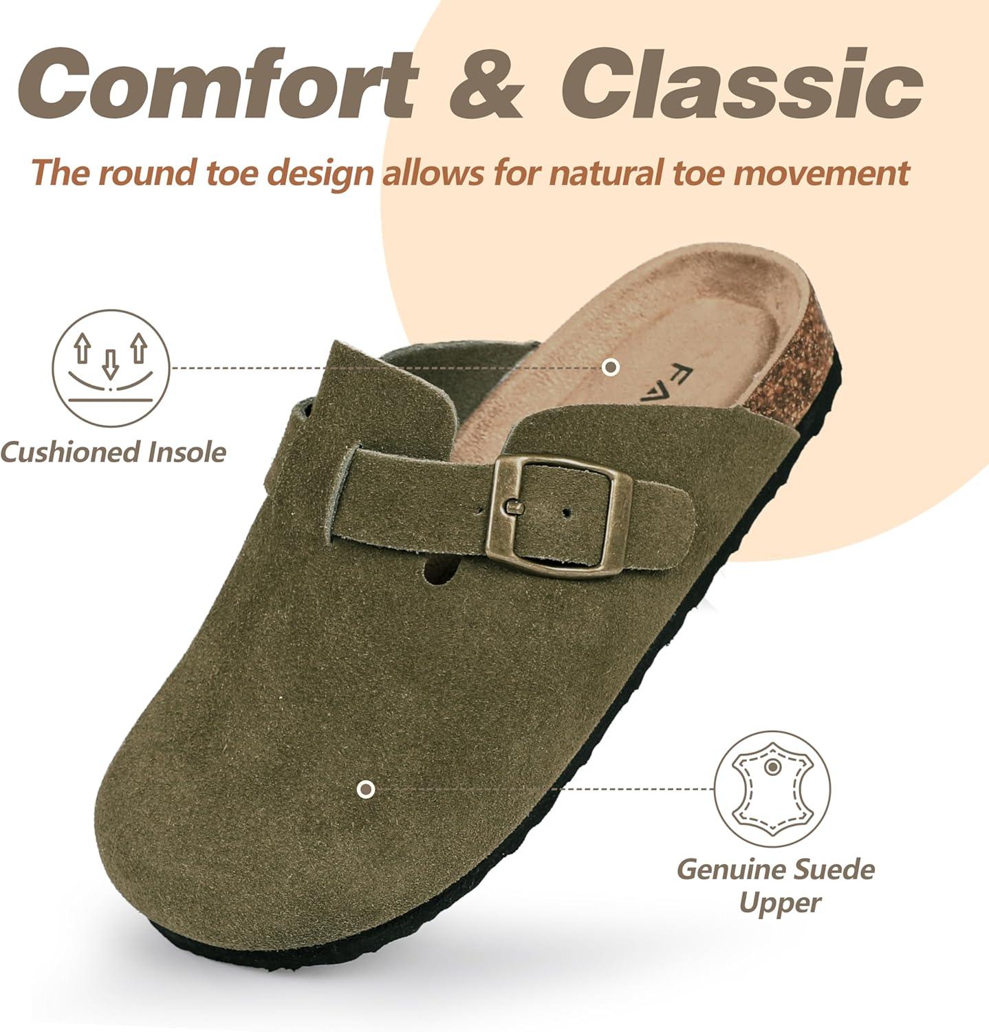 imageFANTURE Kids Genuine Suede Clogs with Cork Footbed  Adjustable Buckle Leather Sandals for Boys Girls Slip On Mules for Indoor ampamp Outdoor1032green