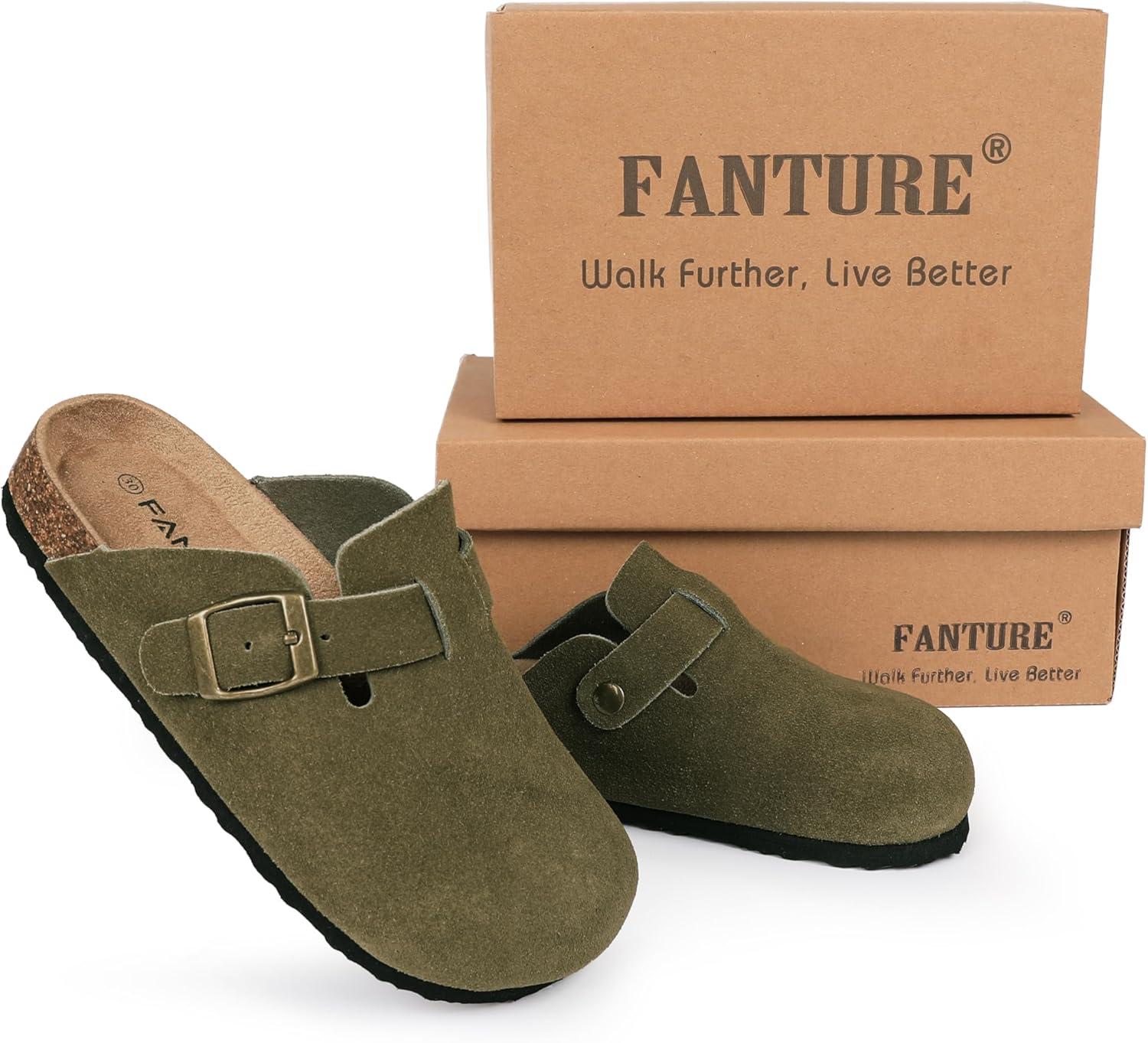 imageFANTURE Kids Genuine Suede Clogs with Cork Footbed  Adjustable Buckle Leather Sandals for Boys Girls Slip On Mules for Indoor ampamp Outdoor1032green