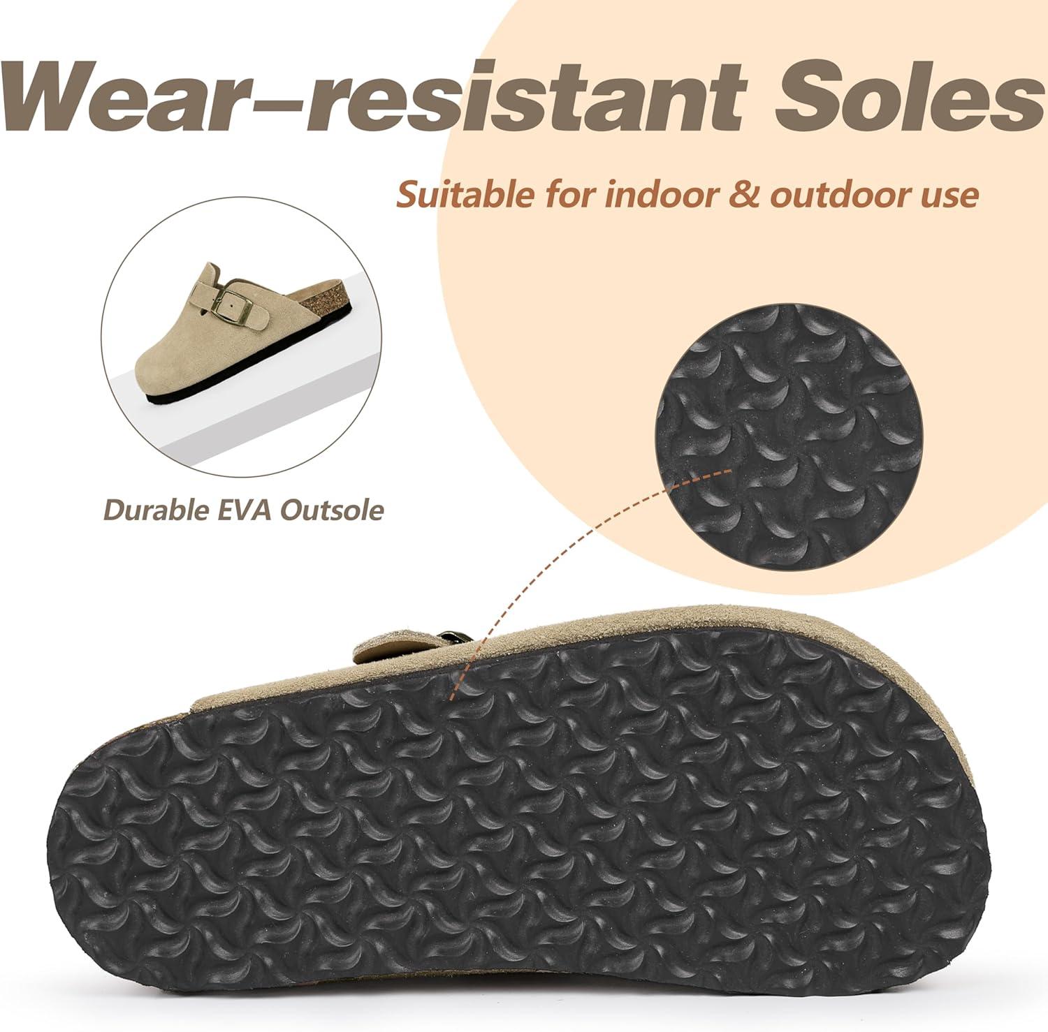 imageFANTURE Kids Genuine Suede Clogs with Cork Footbed  Adjustable Buckle Leather Sandals for Boys Girls Slip On Mules for Indoor ampamp Outdoor1032khaki