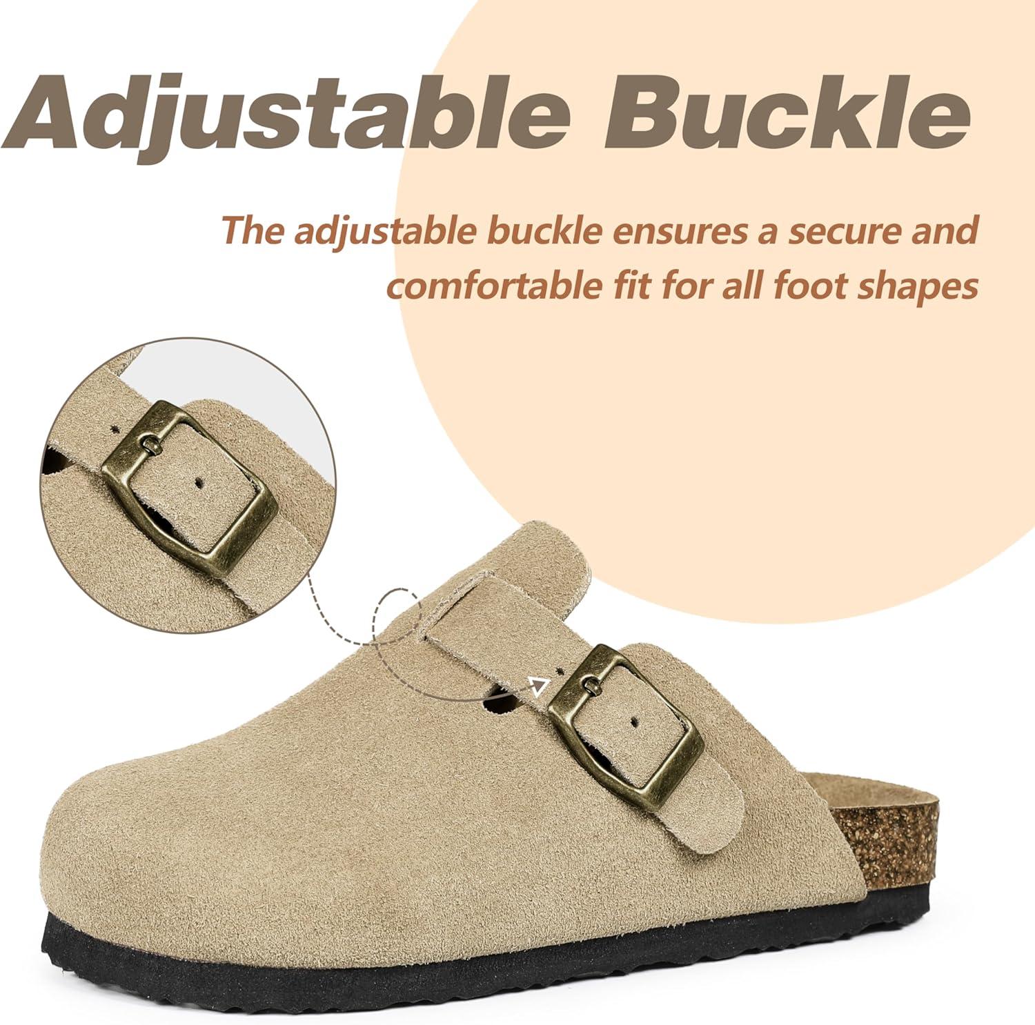 imageFANTURE Kids Genuine Suede Clogs with Cork Footbed  Adjustable Buckle Leather Sandals for Boys Girls Slip On Mules for Indoor ampamp Outdoor1032khaki