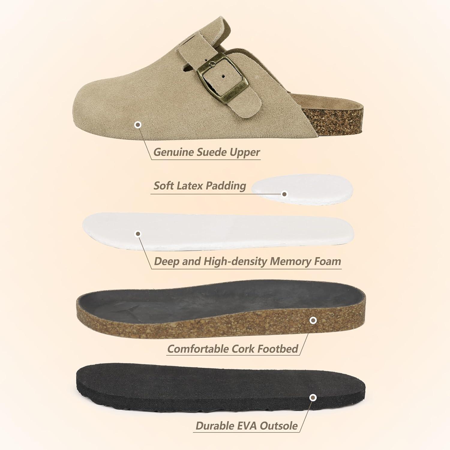 imageFANTURE Kids Genuine Suede Clogs with Cork Footbed  Adjustable Buckle Leather Sandals for Boys Girls Slip On Mules for Indoor ampamp Outdoor1032khaki