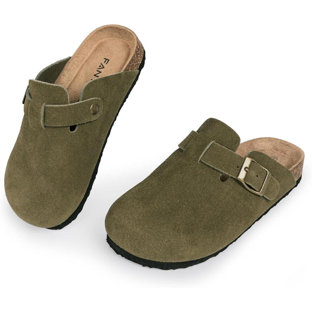 imageFANTURE Kids Genuine Suede Clogs with Cork Footbed  Adjustable Buckle Leather Sandals for Boys Girls Slip On Mules for Indoor ampamp Outdoor1032green