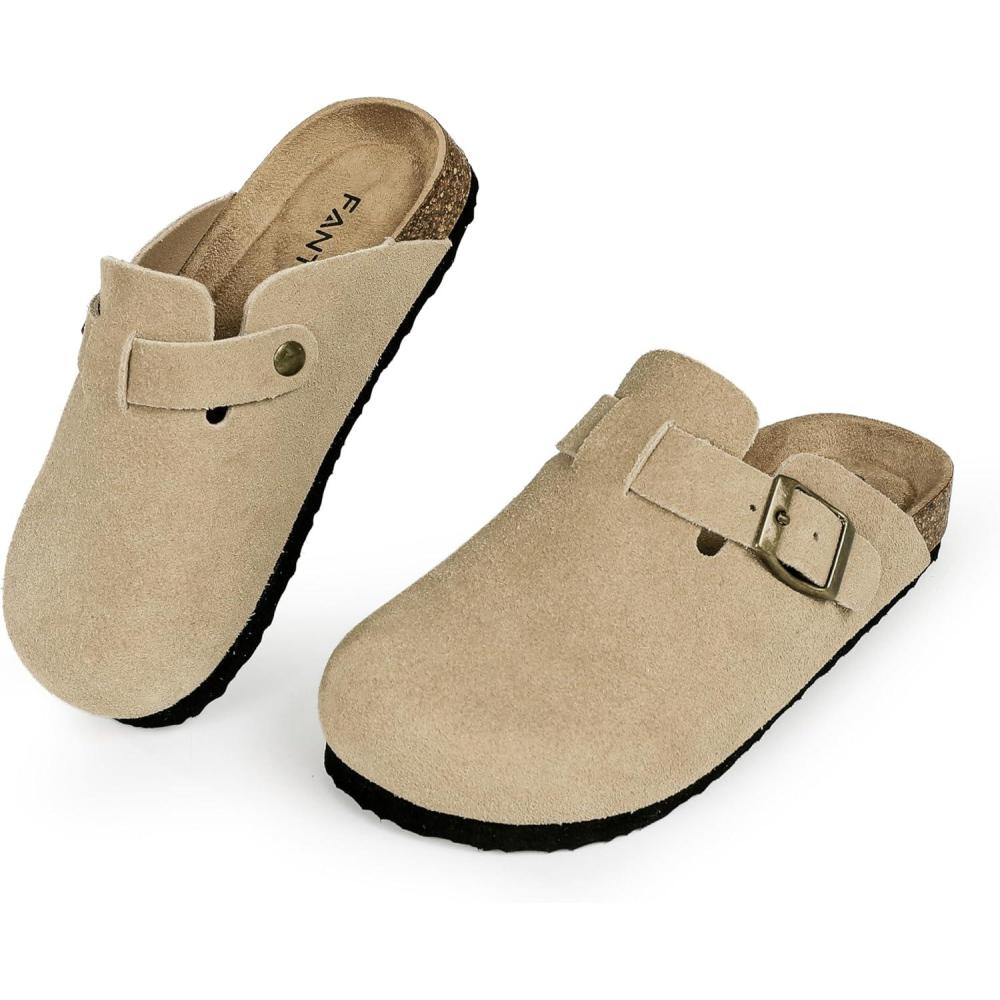 imageFANTURE Kids Genuine Suede Clogs with Cork Footbed  Adjustable Buckle Leather Sandals for Boys Girls Slip On Mules for Indoor ampamp Outdoor1032khaki