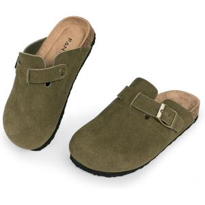 imageFANTURE Kids Genuine Suede Clogs with Cork Footbed  Adjustable Buckle Leather Sandals for Boys Girls Slip On Mules for Indoor ampamp Outdoor1032green