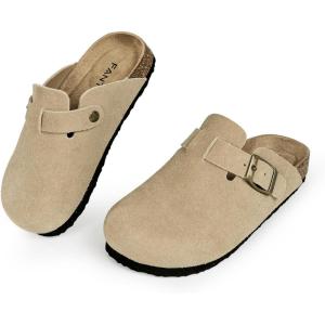 imageFANTURE Kids Genuine Suede Clogs with Cork Footbed  Adjustable Buckle Leather Sandals for Boys Girls Slip On Mules for Indoor ampamp Outdoor1032khaki