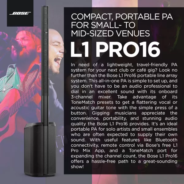 Bose L1 Pro16  Portable PA System Portable Line Array Speaker with Integrated Bluetooth builtin mixer and wireless App controlBlack