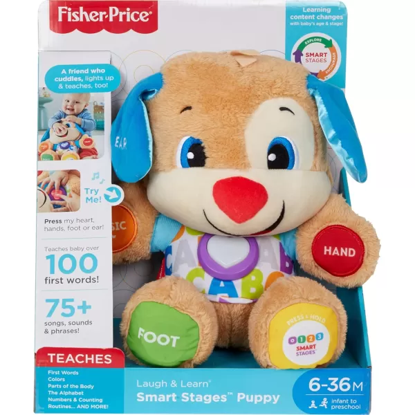 FisherPrice Laugh  Learn Baby Learning Toy Smart Stages Puppy Plush with Lights Music and Educational Content for Ages 6MPuppy  Blue