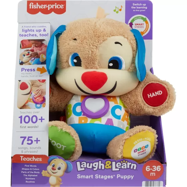 FisherPrice Laugh  Learn Baby Learning Toy Smart Stages Puppy Plush with Lights Music and Educational Content for Ages 6MPuppy  White