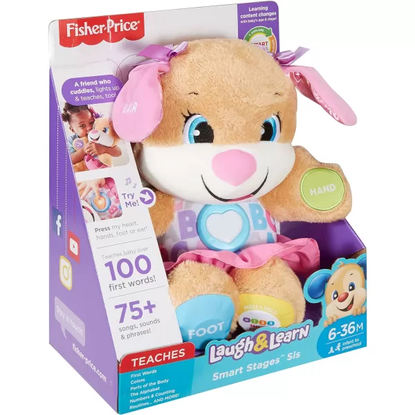 FisherPrice Laugh  Learn Baby Learning Toy Smart Stages Puppy Plush with Lights Music and Educational Content for Ages 6MSis  Pink