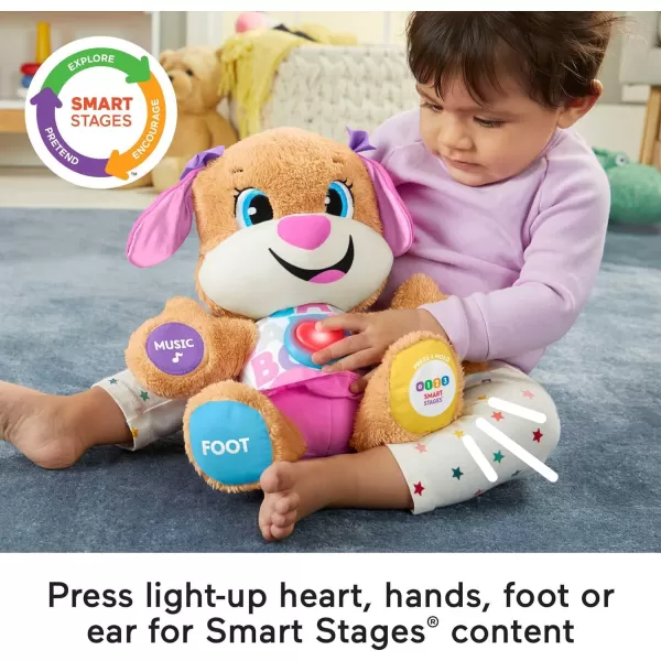 FisherPrice Laugh  Learn Baby Learning Toy Smart Stages Puppy Plush with Lights Music and Educational Content for Ages 6MSis  Pink