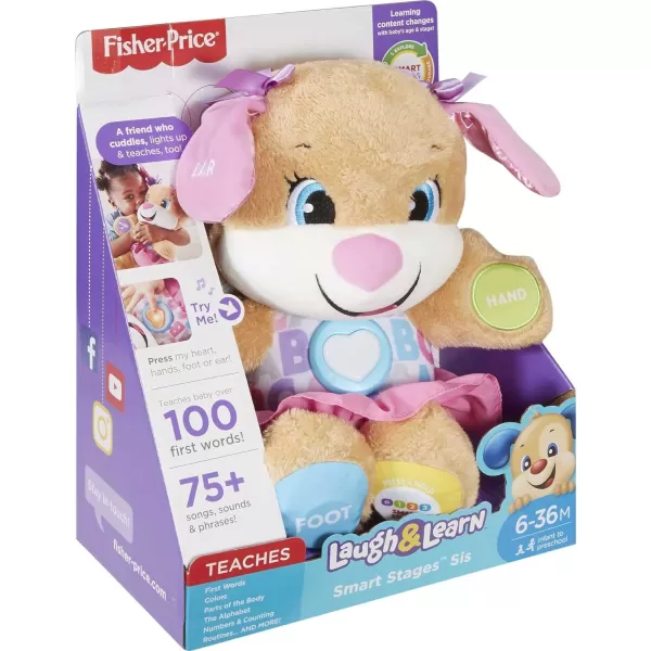 FisherPrice Laugh  Learn Baby Learning Toy Smart Stages Puppy Plush with Lights Music and Educational Content for Ages 6MSis  Pink