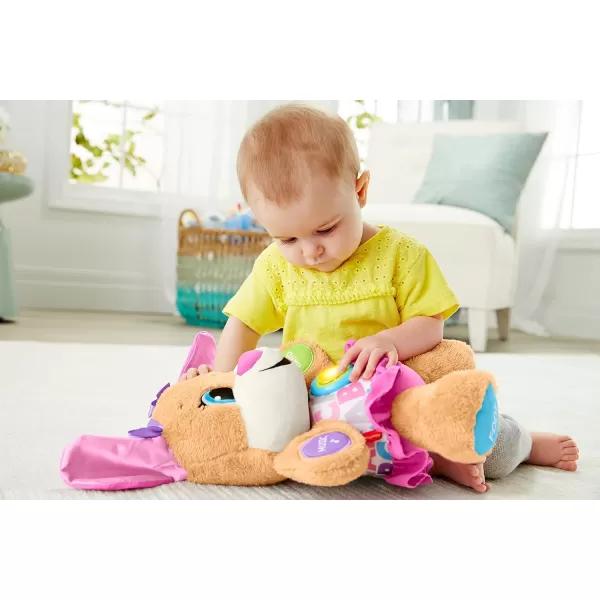 FisherPrice Laugh  Learn Baby Learning Toy Smart Stages Puppy Plush with Lights Music and Educational Content for Ages 6MSis  Pink