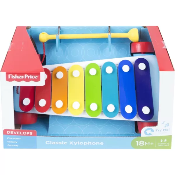 FisherPrice Toddler Pull Toy Classic Xylophone Pretend Musical Instrument with Mallet and Rolling Wheels for Ages 18 MonthsFisherPrice Toddler Pull Toy Classic Xylophone Pretend Musical Instrument with Mallet and Rolling Wheels for Ages 18 Months