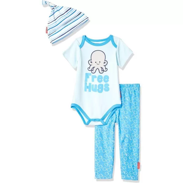 FisherPrice babyboys 3 Piece Shortsleeve Bodysuit Pant and Cap Layette SetNautical Blue