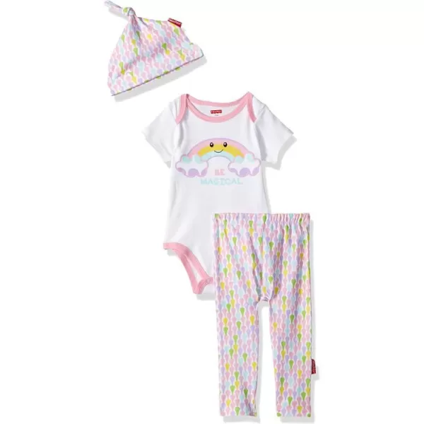 FisherPrice babyboys 3 Piece Shortsleeve Bodysuit Pant and Cap Layette SetWhitePink