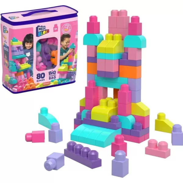 MEGA BLOKS FisherPrice Toddler Block Toys Big Building Bag with 80 Pieces and Storage Bag Pink Gift Ideas for Kids Age 1 YearsPink Bag