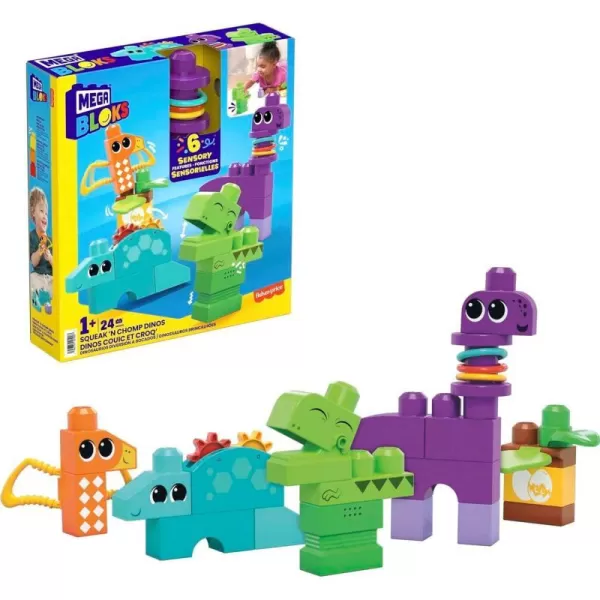 Mega BLOKS Fisher Price Sensory Building Toy Squeak N Chomp Dinos with 24 Pieces TRex Toddler Blocks Gift Ideas for Kids Age 1 YearsMega BLOKS Fisher Price Sensory Building Toy Squeak N Chomp Dinos with 24 Pieces TRex Toddler Blocks Gift Ideas for Kids Age 1 Years