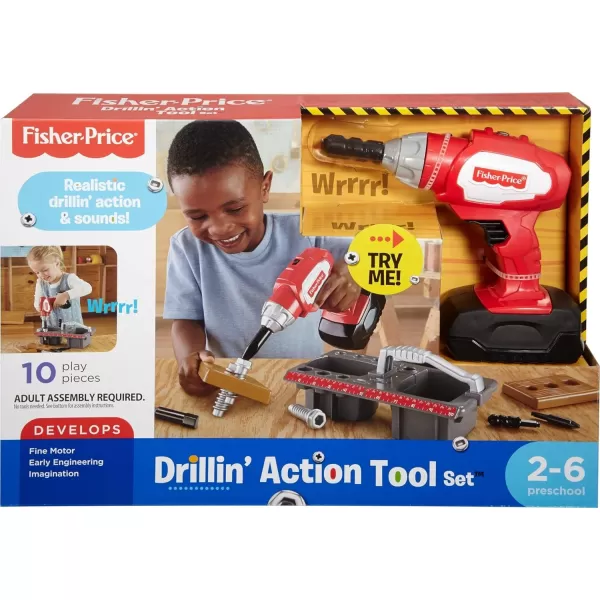 FisherPrice Preschool Pretend Play Drillin Action Tool Set 10Piece Construction Toys With Sounds For Ages 3 YearsFisherPrice Preschool Pretend Play Drillin Action Tool Set 10Piece Construction Toys With Sounds For Ages 3 Years