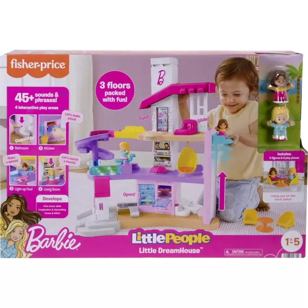 FisherPrice Little People Barbie Toddler Toy Little Dreamhouse Playset With Music Lights Sounds amp 7 Pieces For Ages 18 MonthsSimplified Packaging