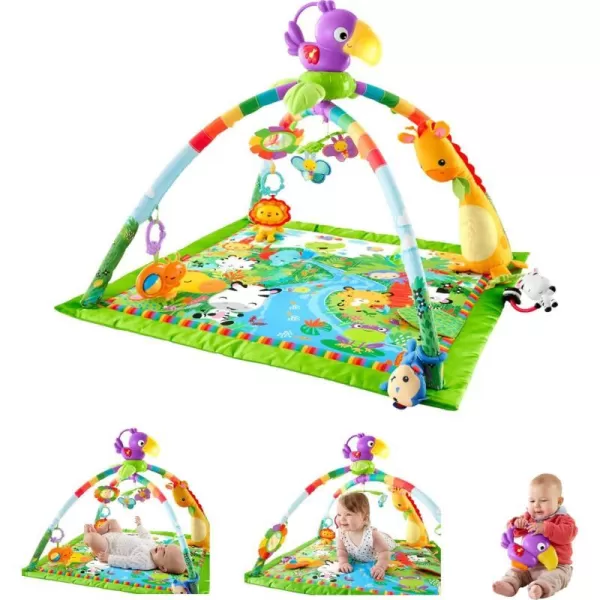 FisherPrice Baby Gift Set 3In1 Music Glow And Grow Gym amp Hedgehog Plush Playmat With 5 Linkable Toys For Newborn Sensory PlayRainforest Activity Gym