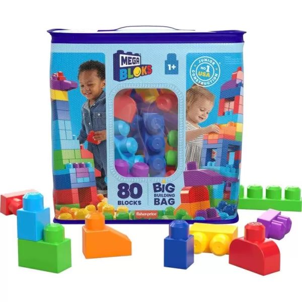 MEGA BLOKS FisherPrice Toddler Block Toys Big Building Bag with 80 Pieces and Storage Bag Blue Gift Ideas for Kids Age 1 YearsBuilding Bag