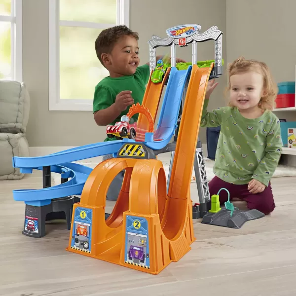 FisherPrice Little People Toddler Toy Hot Wheels Racing Loops Tower Race Track with Stunt Ramp ampamp Sounds for Pretend Play Ages 18 MonthsRacing